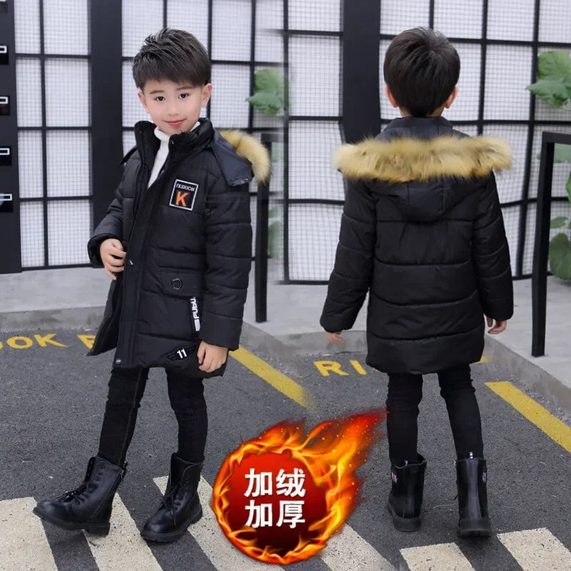 NoEnName_Null Boys' Hooded Plus Velvet Jacket-Warm Mid-Length Coat for Ages 4-10.