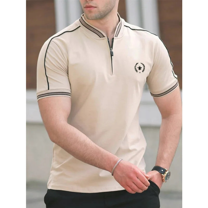 High Quality Summer Men's New T-shirt Stand Neck Zipper Casual Short Sleeve.