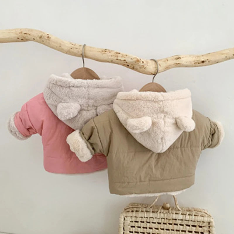 Kids-Baby Girl Winter Clothes Jacket Thick Cartoon Bear Hooded Lamb Collar Infant Child Warm Cotton Coat.