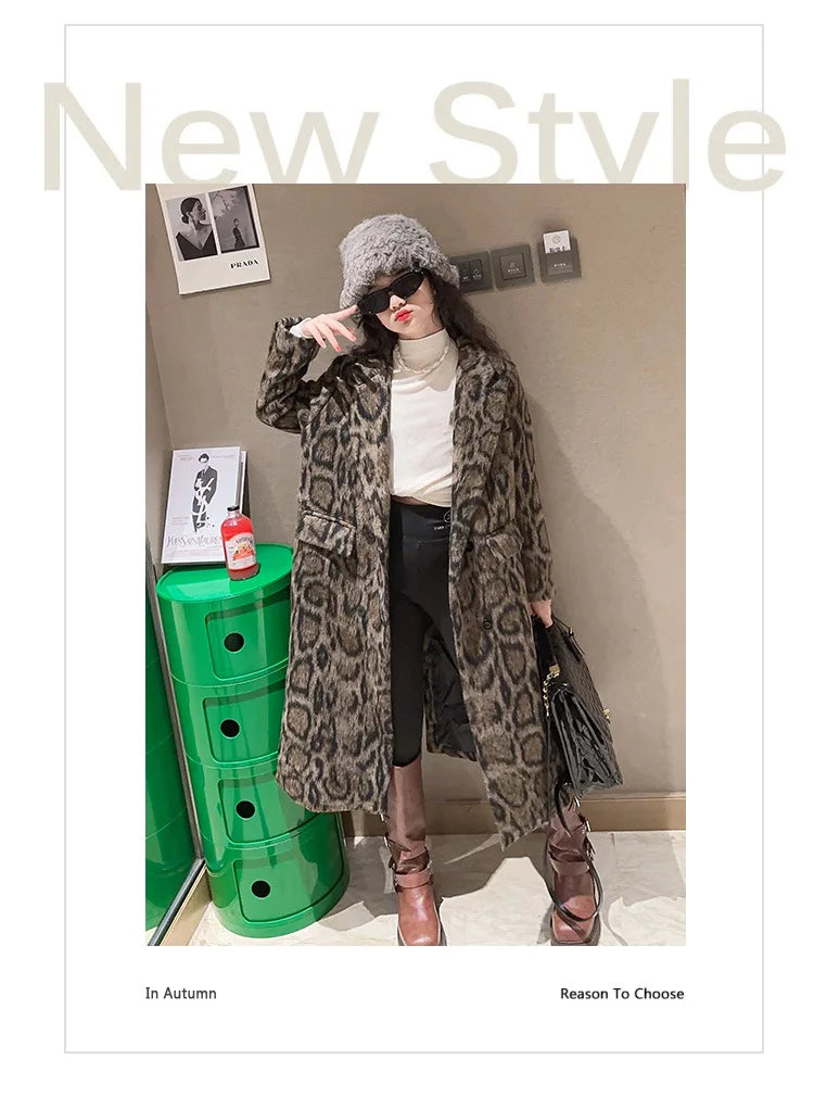 Macamp Teenage Girls' Chic Leopard Print Tweed Coat-Cozy & Stylish Long Outerwear for Autumn/Winter 2023