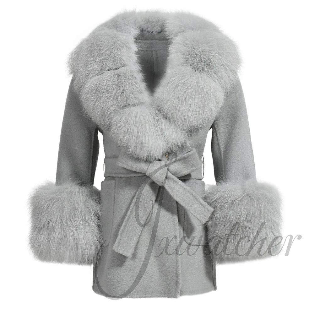 Jxwatcher Girls' Cashmere Wool Winter Coat with Luxurious Real Fox Fur Collar-Mid-Length Fashion Overcoat for Autumn & Casual Wear.