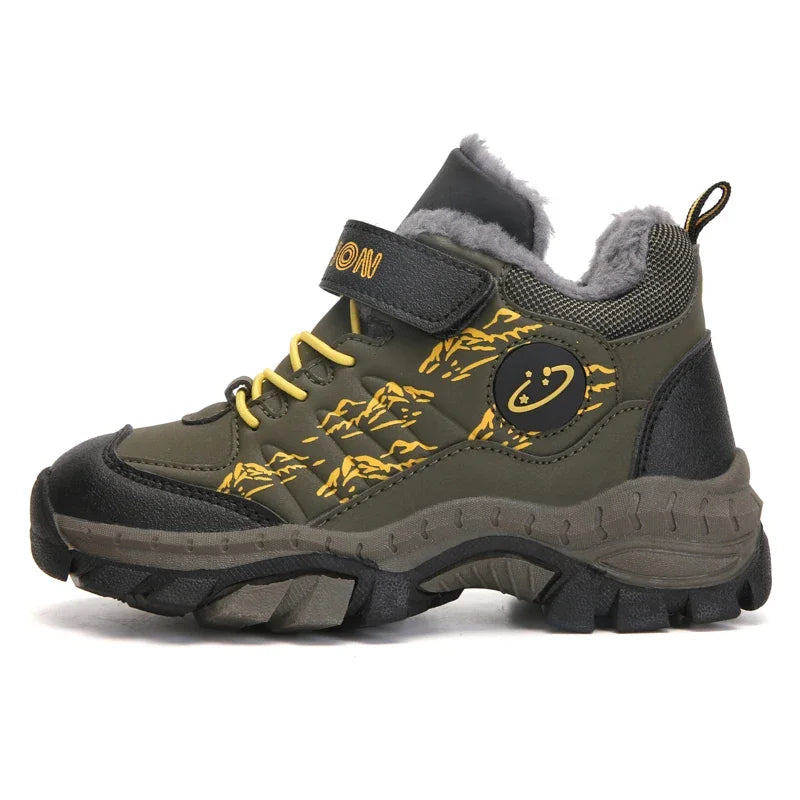 BOELOKTH Stylish Winter Boy Boots-Non-Slip Plush Sneakers for Kids / Cozy Snow & Hiking Shoes for Outdoor Adventures.