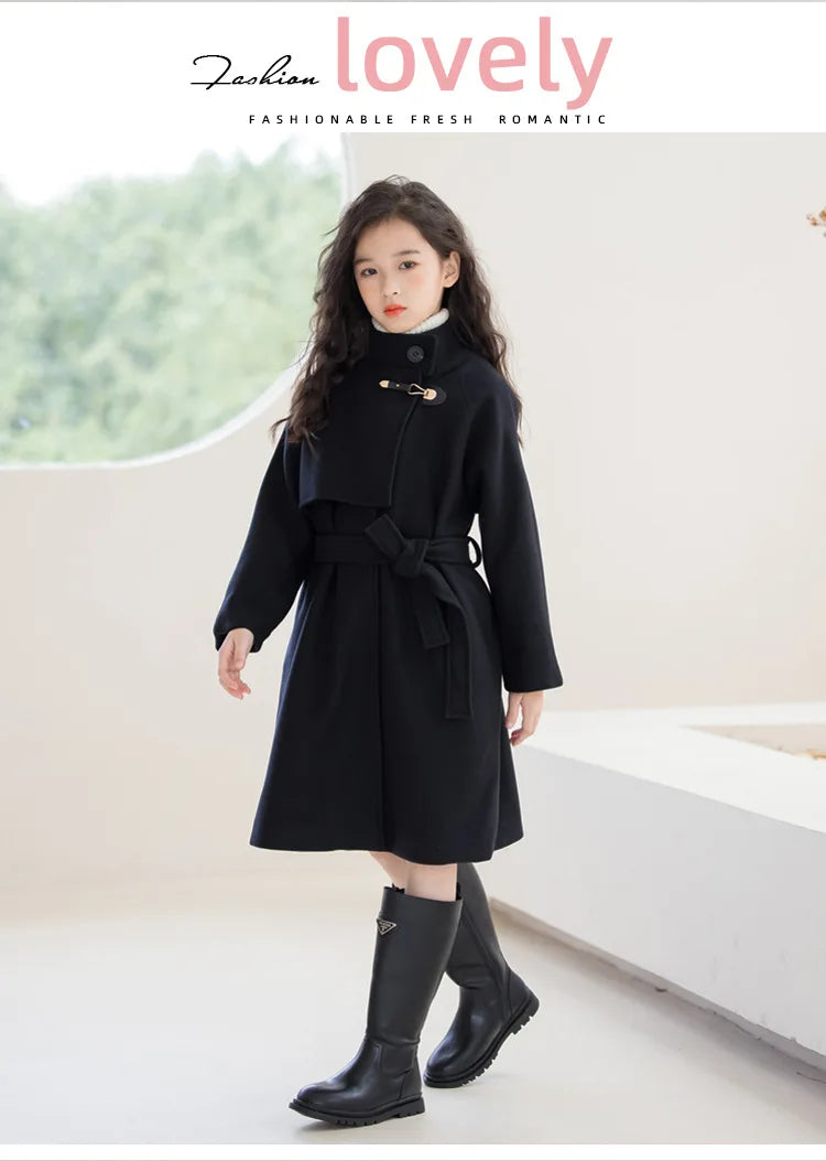 Girls' Elegant Black Mid-length Double-Face Tweed Overcoat-Stylish Winter Wool Outerwear for Ages 10-14.