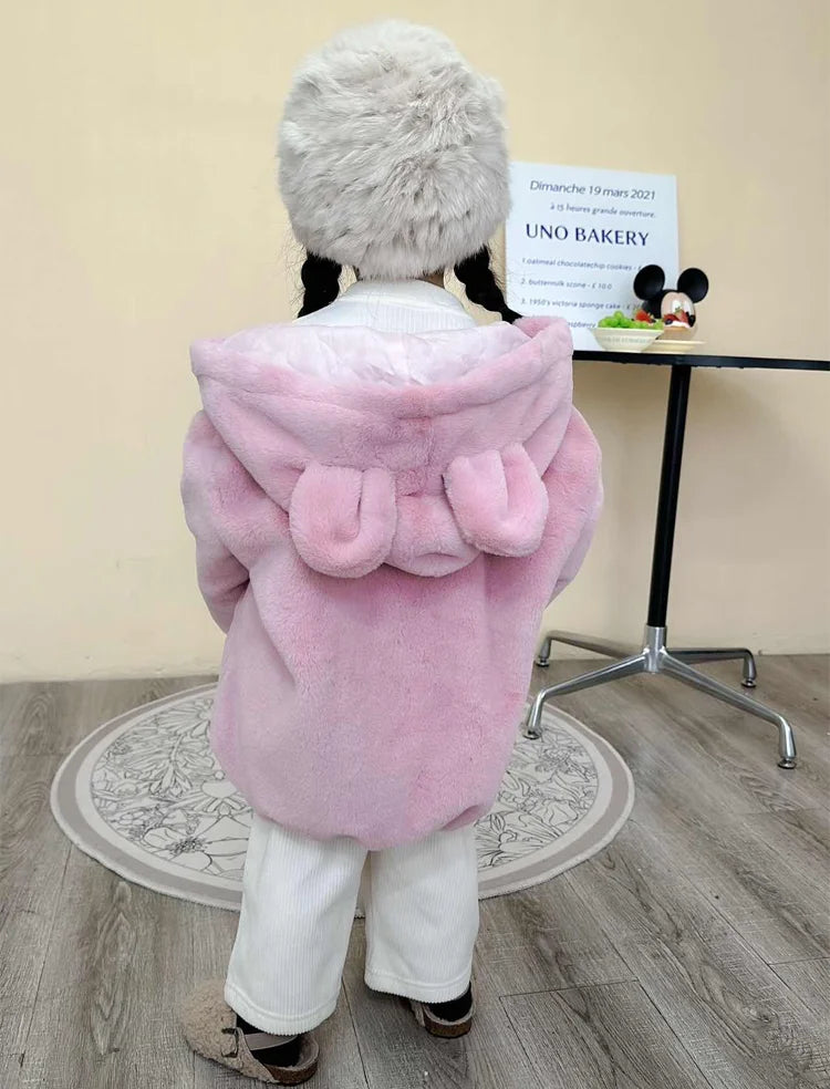 Cute Big Ear Plush Hooded Baby Jacket-Warm Faux Fur Coat for Girls ( Ages 1-5 )-Perfect Autumn & Winter Outerwear.