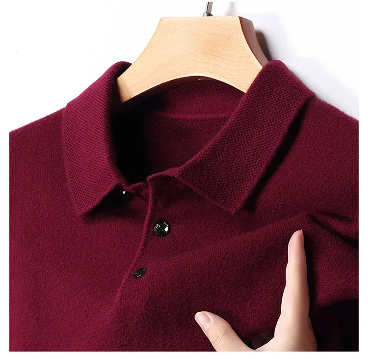 Autumn and Winter New Men's 100 Pure Wool Sweater Lapel Pullover T-shirt Polo Collar Wool Knitted Long Sleeve Fashion Sweater