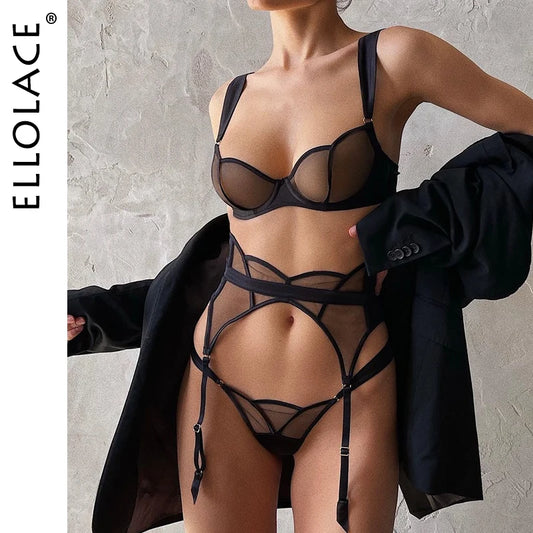 Ellolace Sexy Lingerie Seamless Women's Underwear Transparent Lace Bra Kit Push Up Set Woman 3 Pieces Garters Exotic Sets