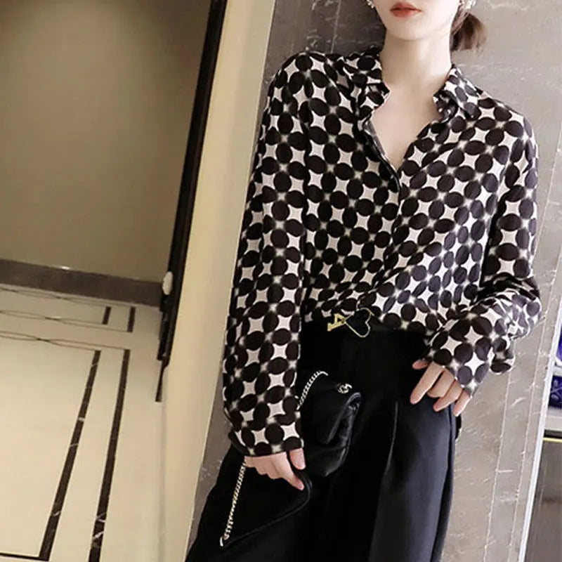 Stylish Spring Autumn Printed Women's Polka Dot Blouse Polo-Neck.