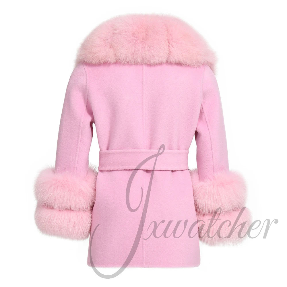 Jxwatcher Girls' Cashmere Wool Winter Coat with Luxurious Real Fox Fur Collar-Mid-Length Fashion Overcoat for Autumn & Casual Wear.