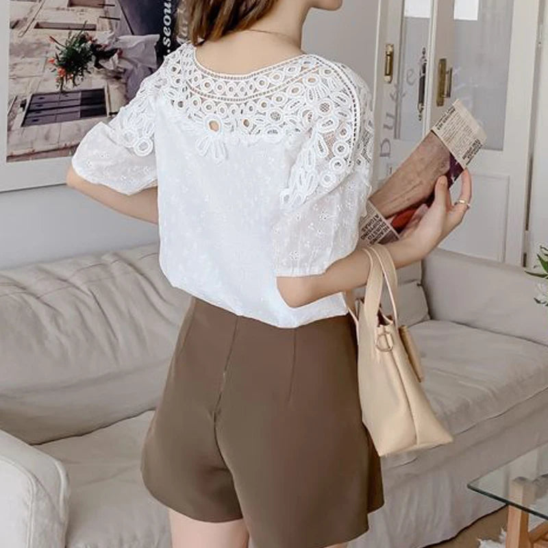 Women's Lace Hollow Embroidery White Elegant O Neck Cotton Blouse for Summer.