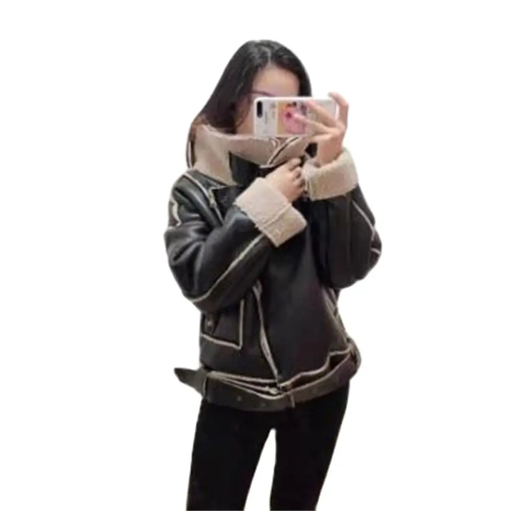 Black Faux Lamb Leather Jacket with Belt for Women Streetwear Moto Biker Short Coat for Autumn Winter