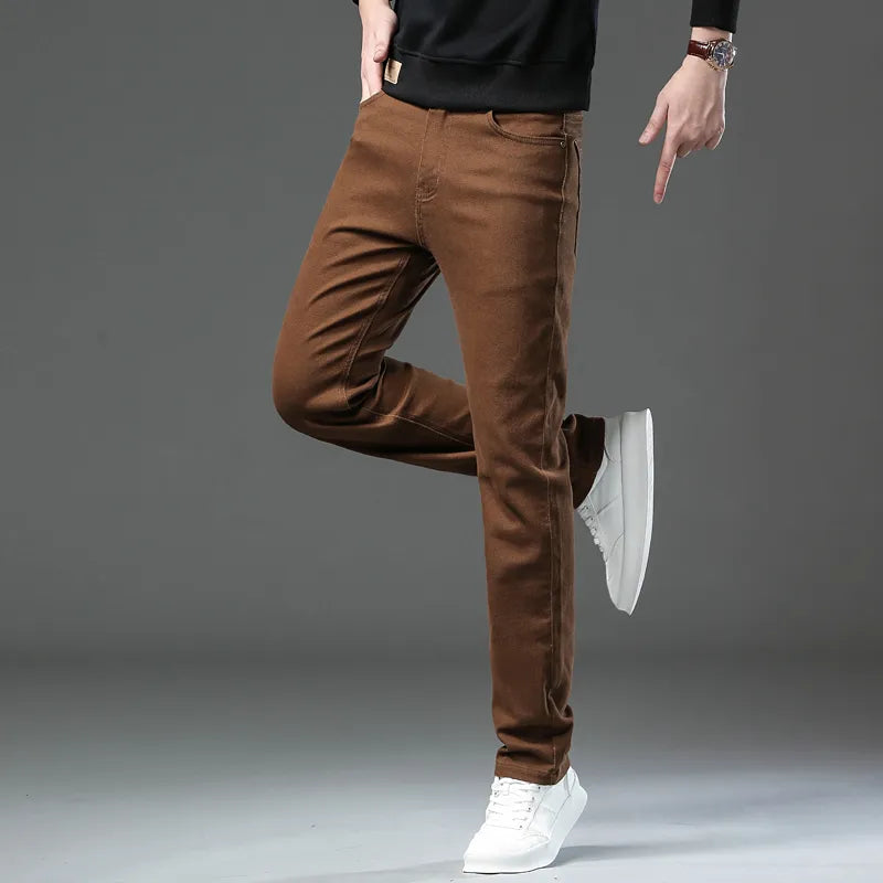 Autumn New Men's Slim Stretch Jeans Fashionable and Versatile Soft Fabric Denim Pants Army Green Coffee Male Brand Trousers