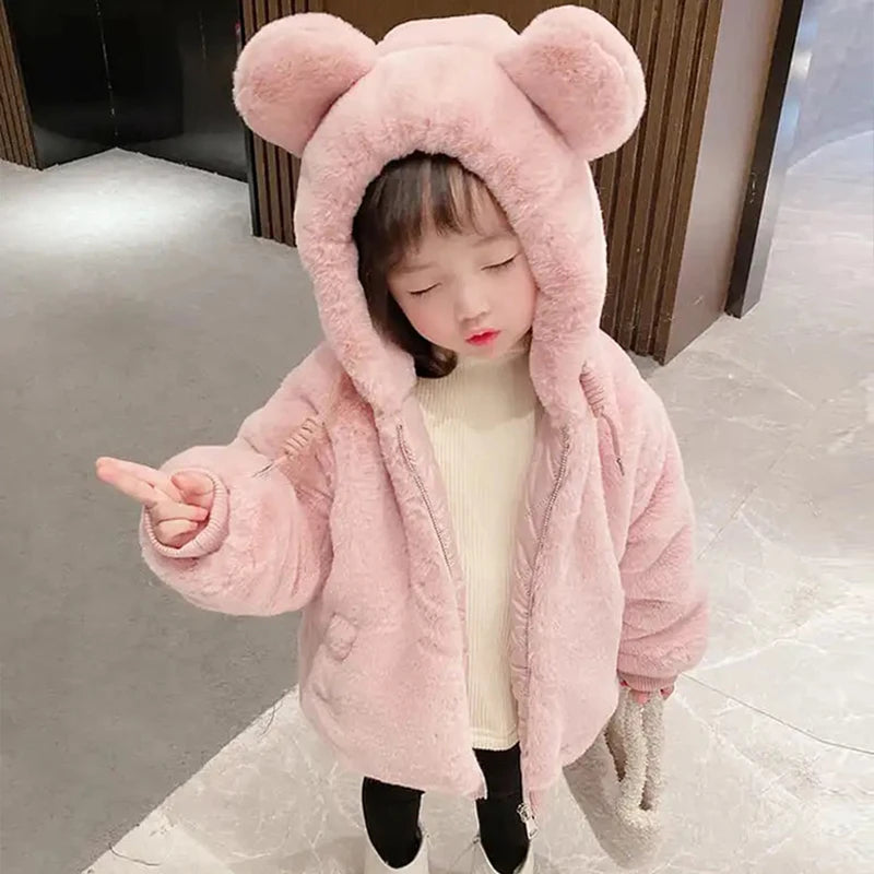 Cute Big Ear Plush Hooded Baby Jacket-Warm Faux Fur Coat for Girls ( Ages 1-5 )-Perfect Autumn & Winter Outerwear.