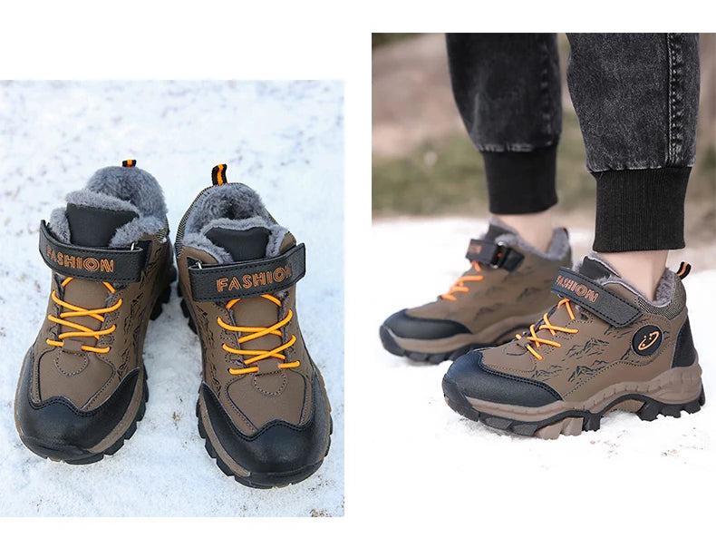 BOELOKTH Stylish Winter Boy Boots-Non-Slip Plush Sneakers for Kids / Cozy Snow & Hiking Shoes for Outdoor Adventures.