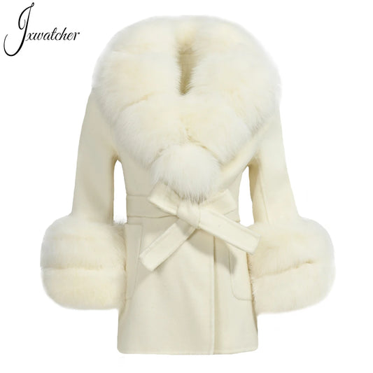 Jxwatcher Girls' Cashmere Wool Winter Coat with Luxurious Real Fox Fur Collar-Mid-Length Fashion Overcoat for Autumn & Casual Wear.