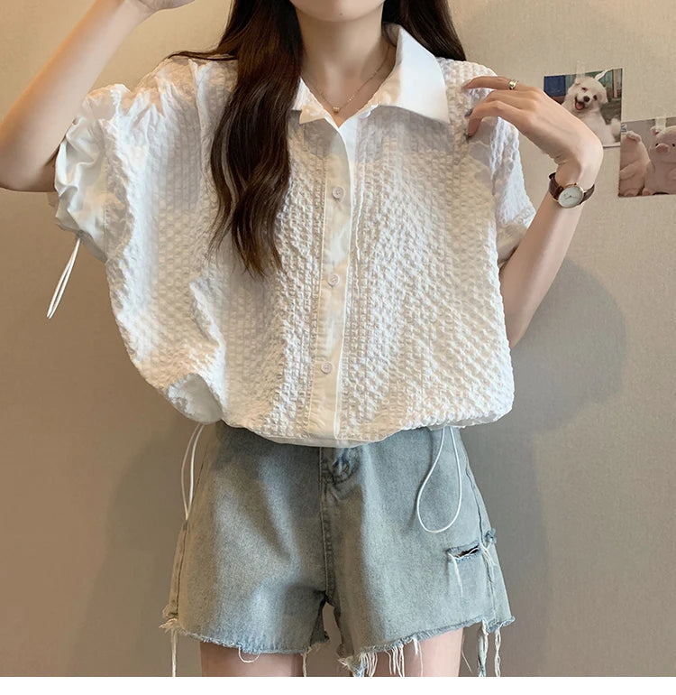 Short Sleeve Polo Shirt For Women Loose Design French Sle Top Drawstring Clothing, Chubby Girl Small Summer New