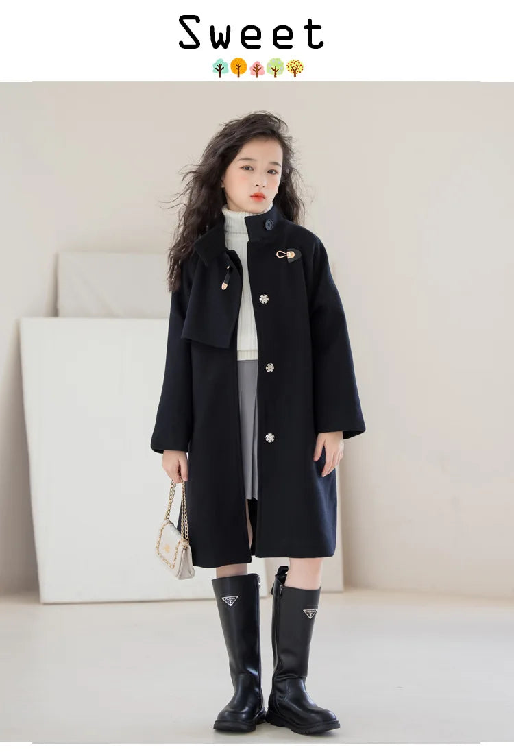 Girls' Elegant Black Mid-length Double-Face Tweed Overcoat-Stylish Winter Wool Outerwear for Ages 10-14.