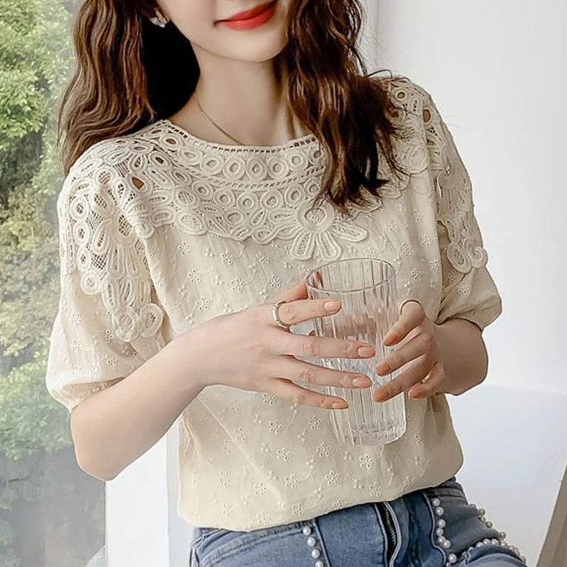 Women's Lace Hollow Embroidery White Elegant O Neck Cotton Blouse for Summer.