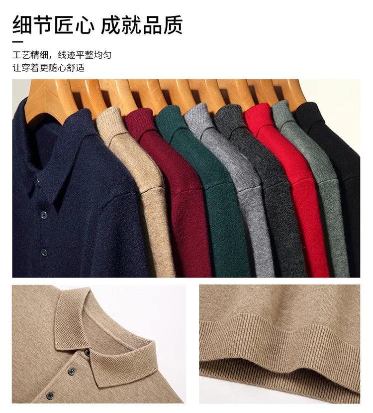 Autumn and Winter New Men's 100 Pure Wool Sweater Lapel Pullover T-shirt Polo Collar Wool Knitted Long Sleeve Fashion Sweater