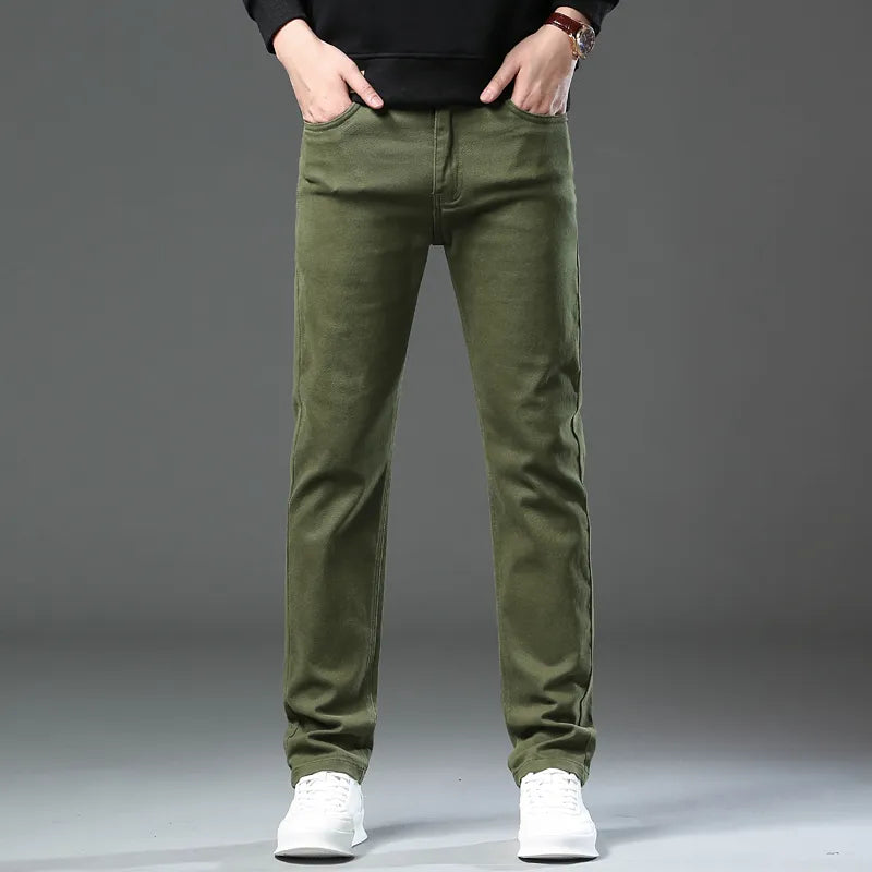 Autumn New Men's Slim Stretch Jeans Fashionable and Versatile Soft Fabric Denim Pants Army Green Coffee Male Brand Trousers