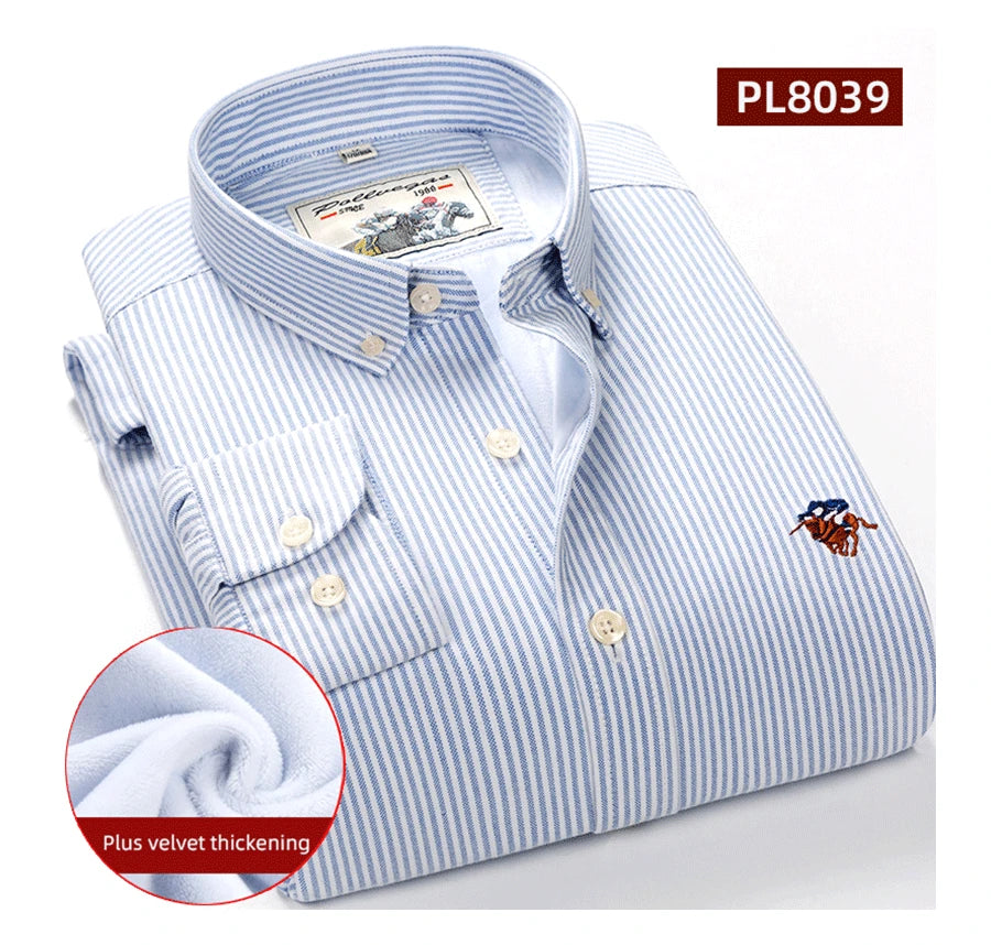 Warm 100% Cotton Men's Shirts Plus Size 8XL Long Sleeve for Office Polo Soft Striped Top with Plush Thickening for Winter