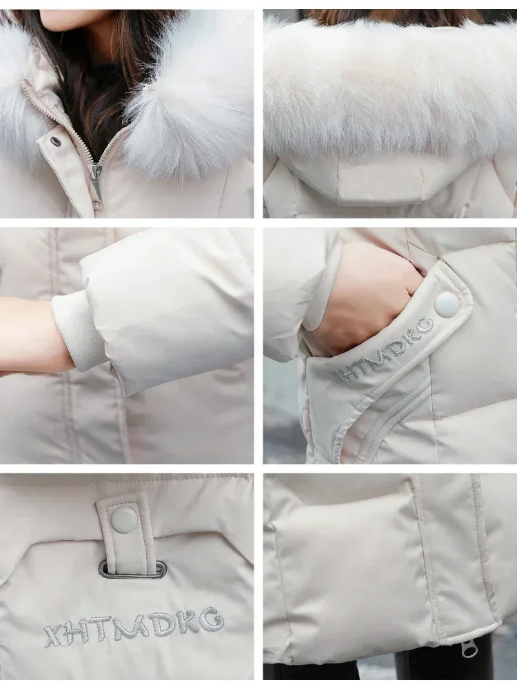 New Women's Winter Jacket 2023 Mid-length Fashion Slim Over Knee Fur Collar Thick Cotton Coat Elegant Red Parka.