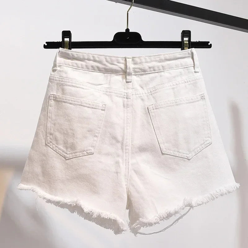 Women Summer High Waist Hole Ripped Denim Jeans Shorts Plus Size Pocket Tassel.