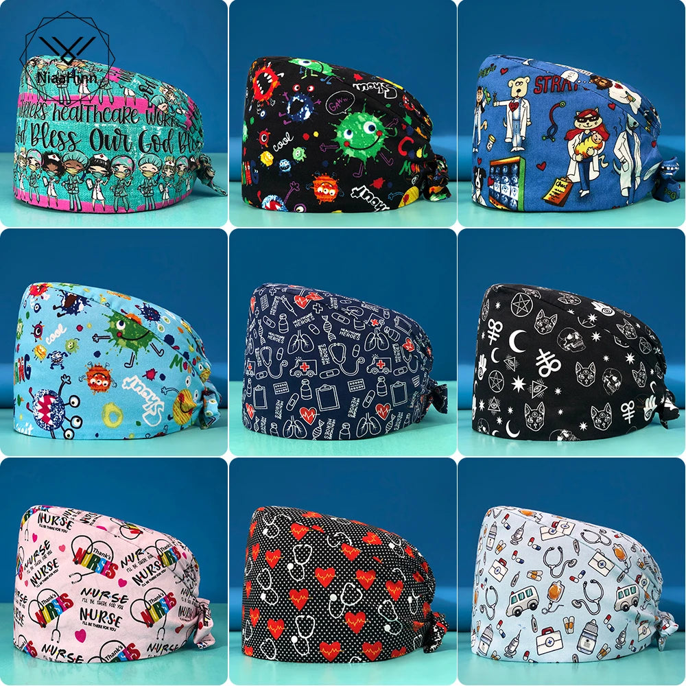 Cotton Comfortable Work Scrubs Hat Elastic Female Lab Doctor Dustproof Cartoon Men's Nursing Medical Cap Wholesale