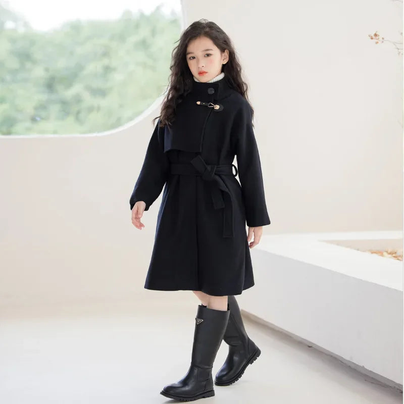 Girls' Elegant Black Mid-length Double-Face Tweed Overcoat-Stylish Winter Wool Outerwear for Ages 10-14.