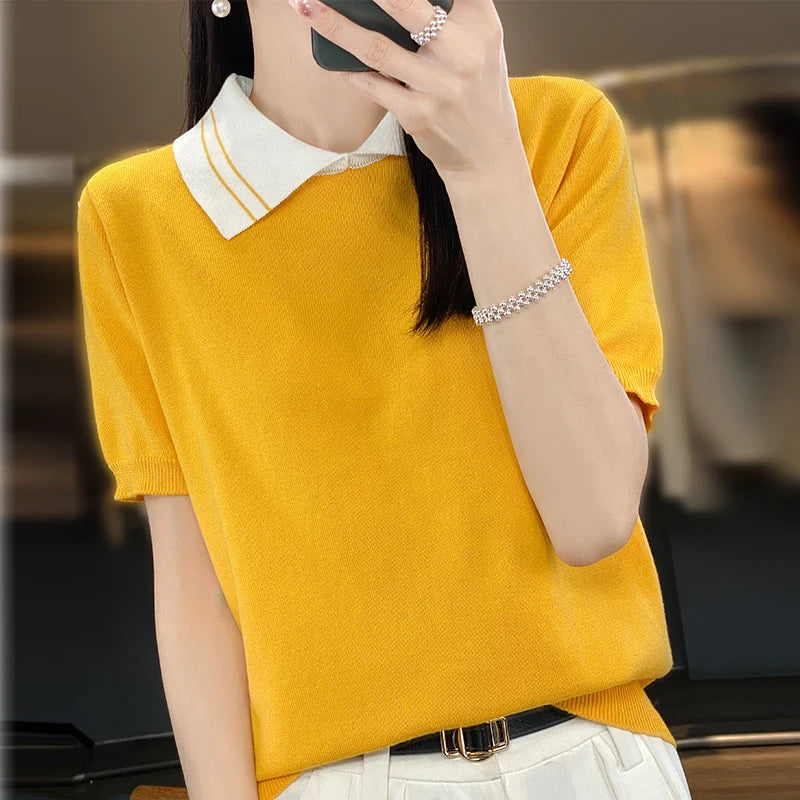 New 100% Pure Cotton Knit Casual Doll collar Pullover Short Women's T-shirt Summer sleeved POLO Neck Loose Fashion Top T-shirt