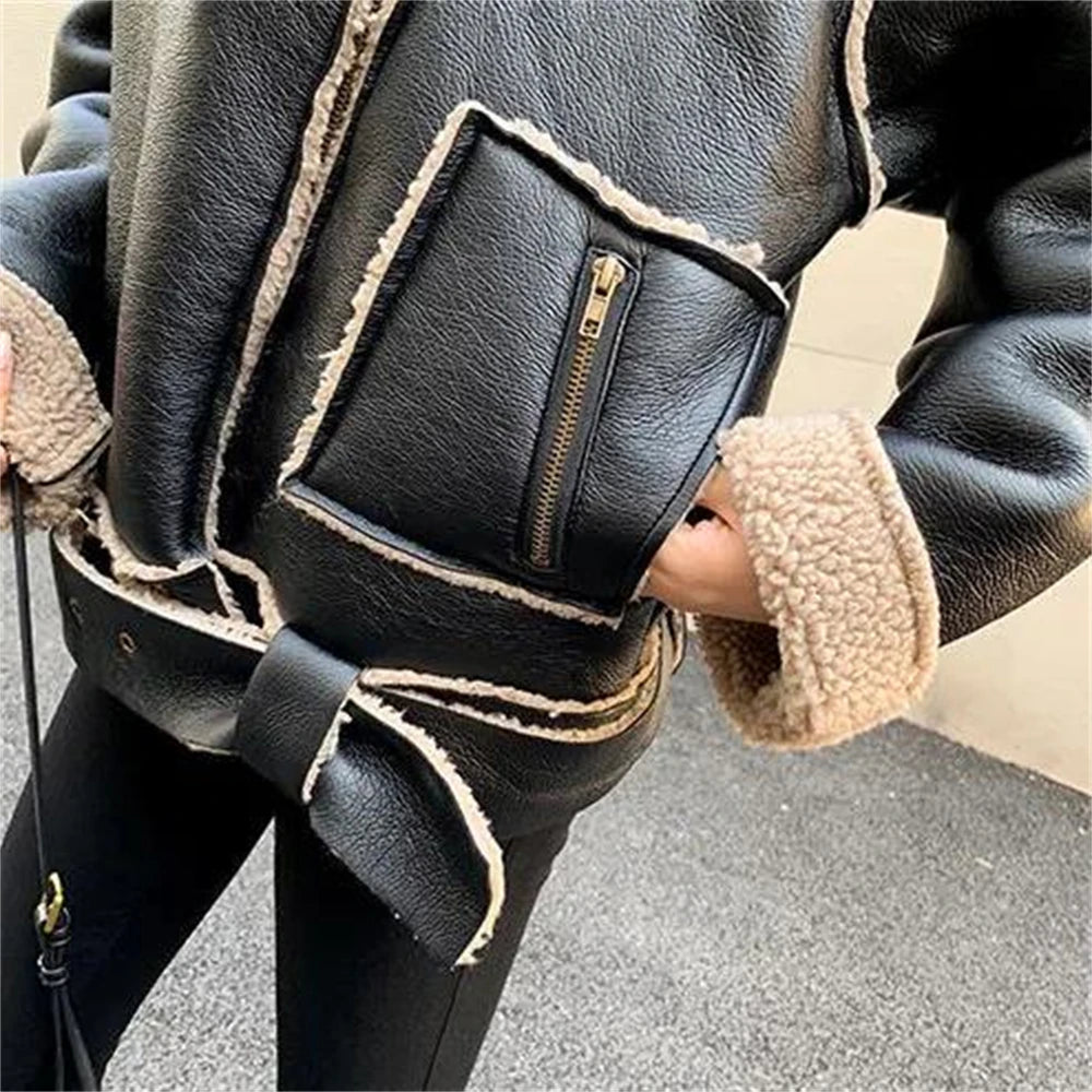 Black Faux Lamb Leather Jacket with Belt for Women Streetwear Moto Biker Short Coat for Autumn Winter