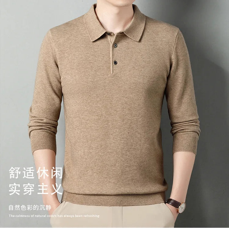 Autumn and Winter New Men's 100 Pure Wool Sweater Lapel Pullover T-shirt Polo Collar Wool Knitted Long Sleeve Fashion Sweater