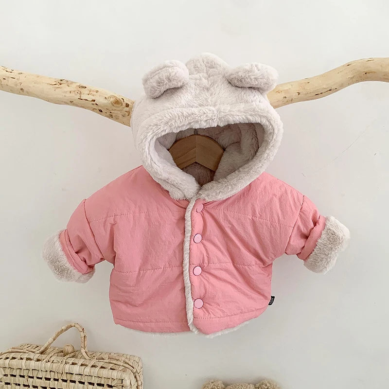 Kids-Baby Girl Winter Clothes Jacket Thick Cartoon Bear Hooded Lamb Collar Infant Child Warm Cotton Coat.