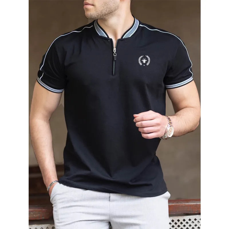 High Quality Summer Men's New T-shirt Stand Neck Zipper Casual Short Sleeve.