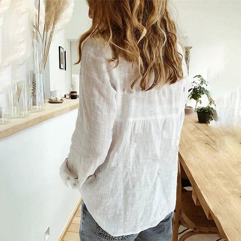 Women Elegant Cotton Linen Spring Summer Long Sleeve Tunic Blouse Shirts.