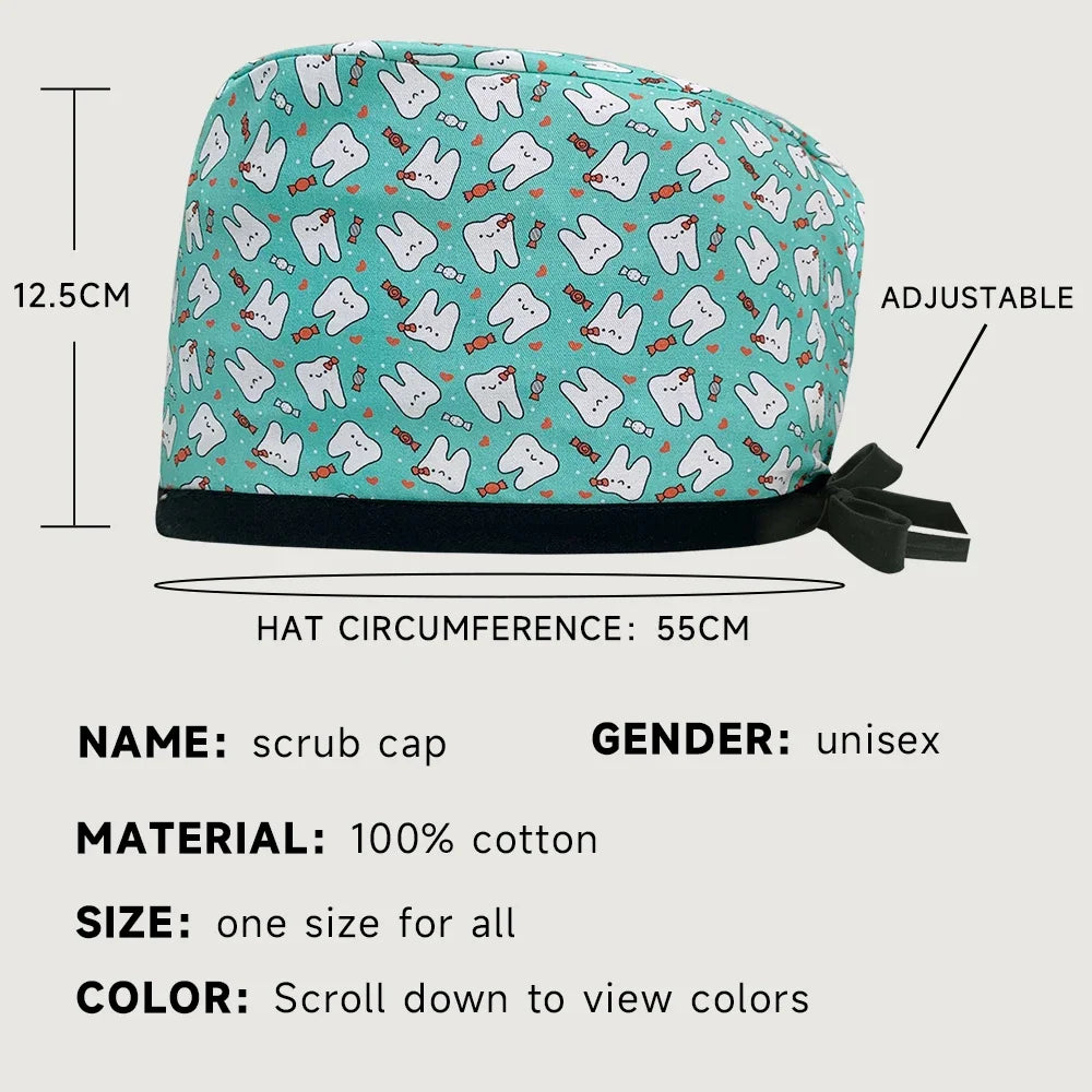 Cotton Cartoon Print Hat Adjustable Working Caps Beauty Salon Nursing Cap Unisex Surgical Hat Wholesale Scrub Caps