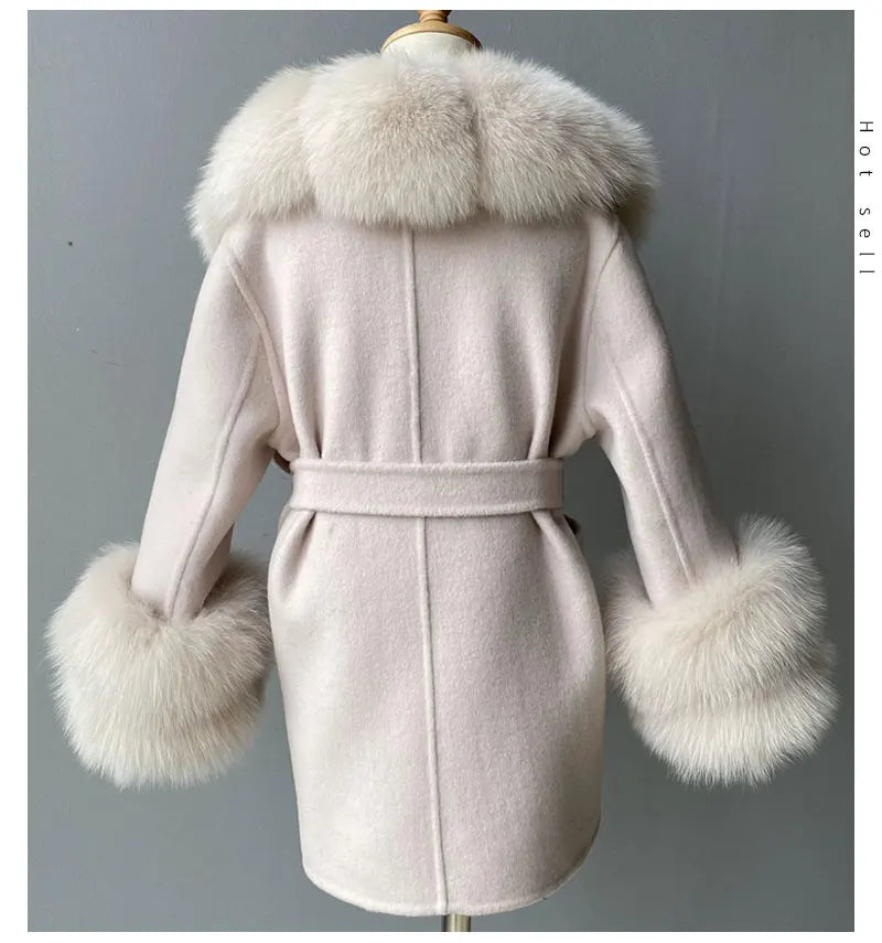 Jxwatcher Girls' Cashmere Wool Winter Coat with Luxurious Real Fox Fur Collar-Mid-Length Fashion Overcoat for Autumn & Casual Wear.