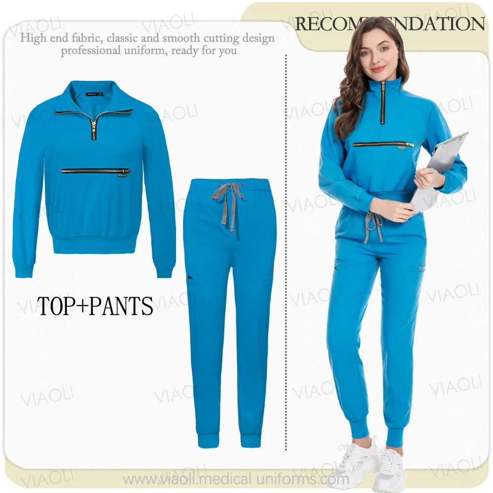 VIAOL High-Performance Medical Scrubs-Long Sleeve Jacket & Jogging Pants Set.