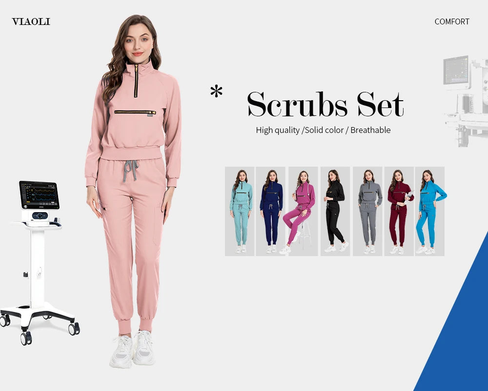 VIAOL High-Performance Medical Scrubs-Long Sleeve Jacket & Jogging Pants Set.