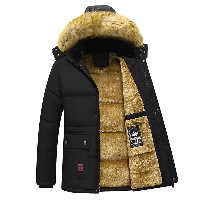 CHAIFENKO Men 2024 Winter New Windproof Fleece Warm Thick Jacket Parkas Coat Men Fashion Hooded Fur Collar Jacket Classic Casual Parka Men