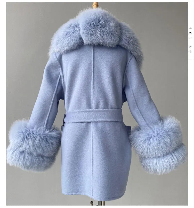 Jxwatcher Girls' Cashmere Wool Winter Coat with Luxurious Real Fox Fur Collar-Mid-Length Fashion Overcoat for Autumn & Casual Wear.