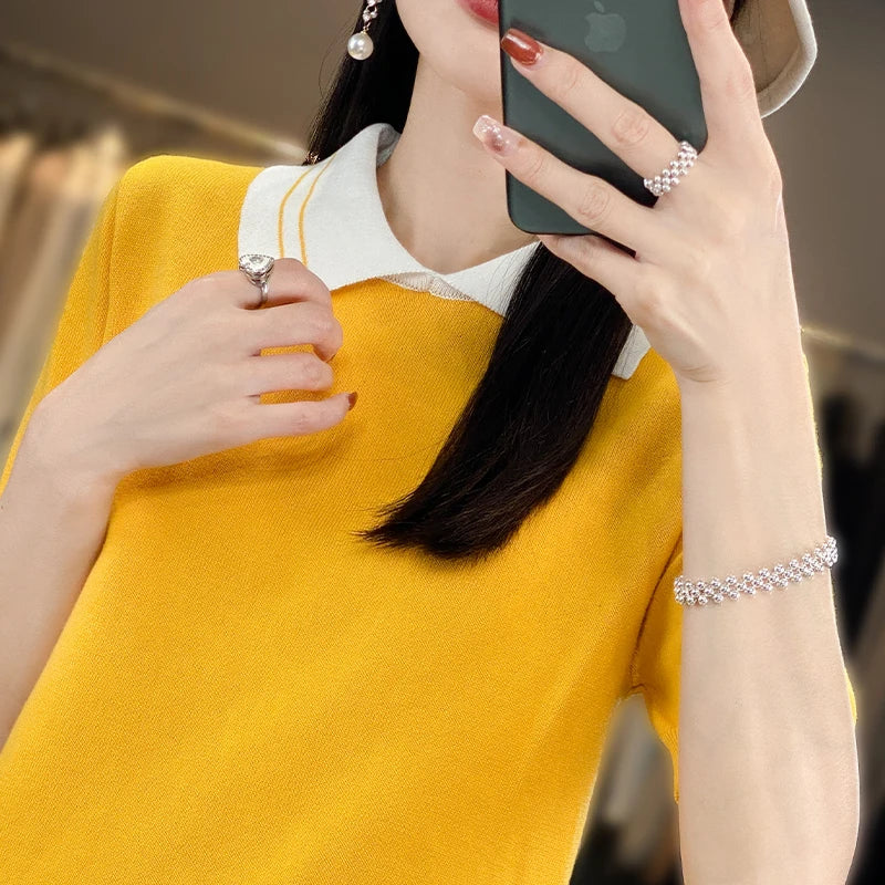 New 100% Pure Cotton Knit Casual Doll collar Pullover Short Women's T-shirt Summer sleeved POLO Neck Loose Fashion Top T-shirt