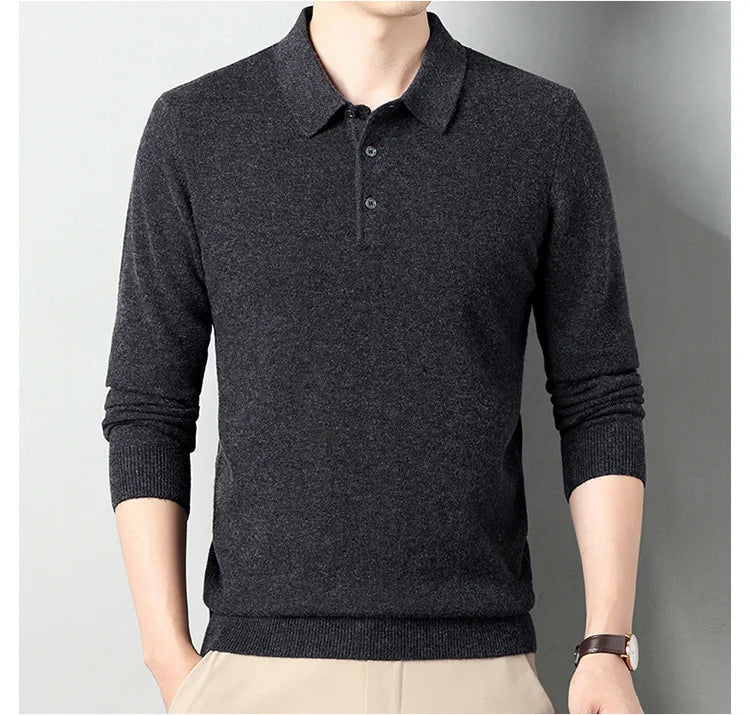 Autumn and Winter New Men's 100 Pure Wool Sweater Lapel Pullover T-shirt Polo Collar Wool Knitted Long Sleeve Fashion Sweater