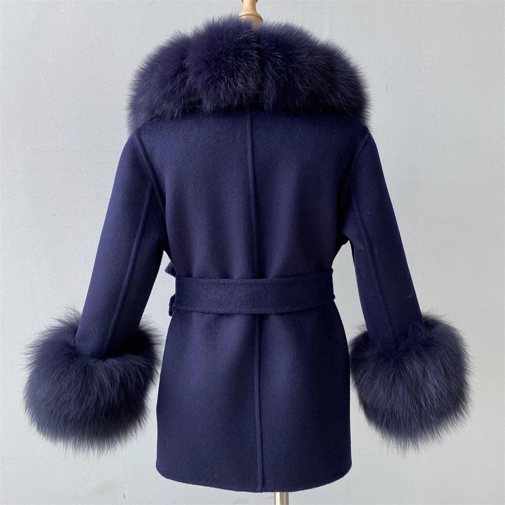 Jxwatcher Girls' Cashmere Wool Winter Coat with Luxurious Real Fox Fur Collar-Mid-Length Fashion Overcoat for Autumn & Casual Wear.