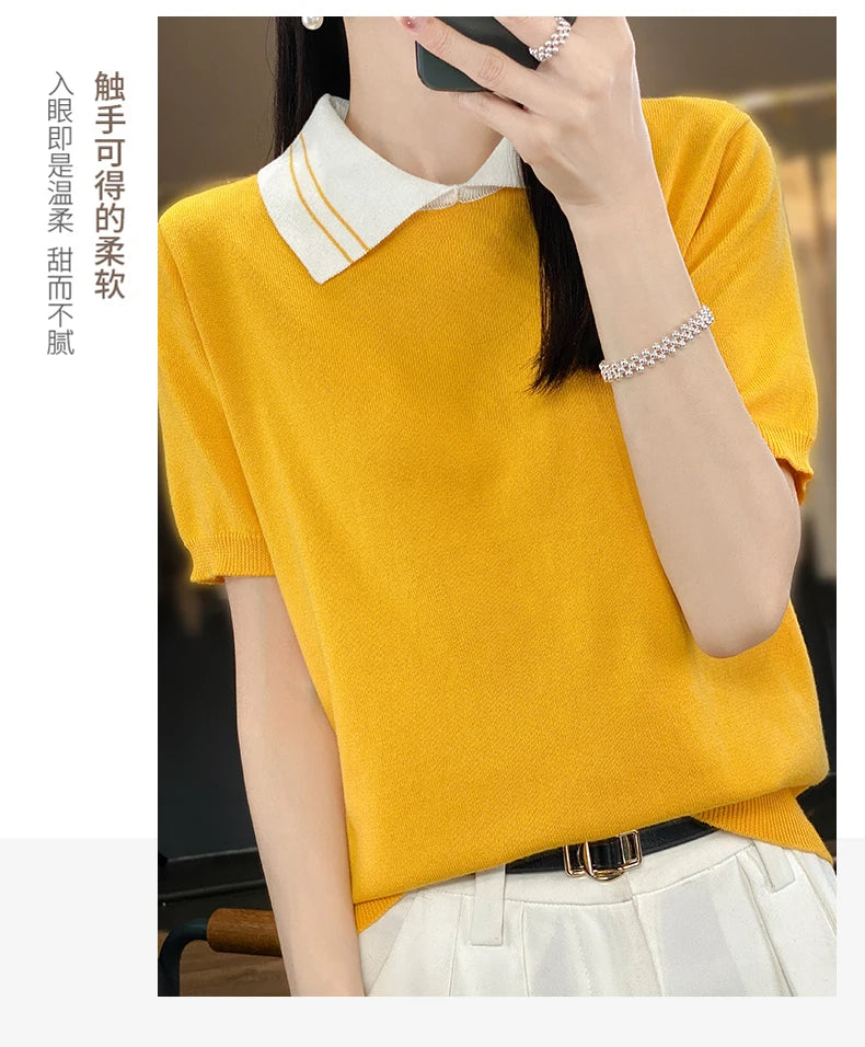 New 100% Pure Cotton Knit Casual Doll collar Pullover Short Women's T-shirt Summer sleeved POLO Neck Loose Fashion Top T-shirt