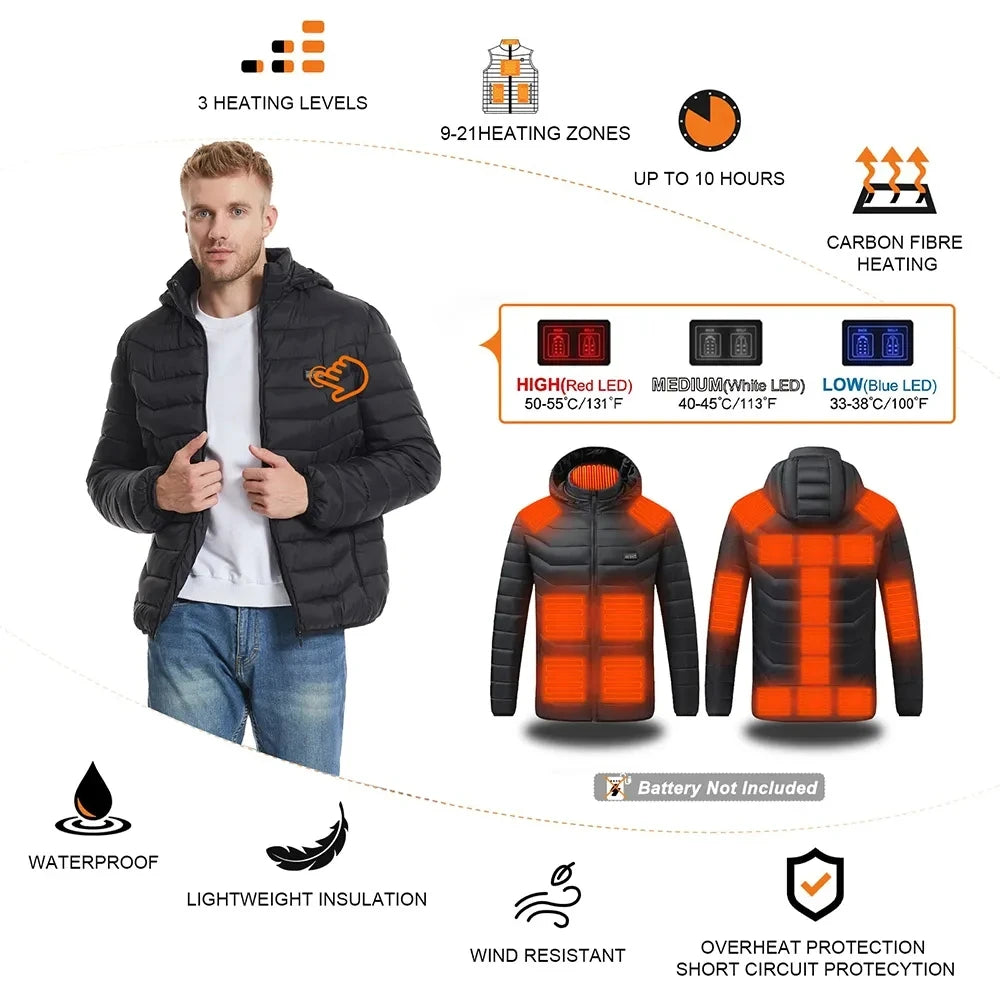 NoEnName_Null Men's Winter Heated Jacket- USB 21 Zones heated jacket for motorcycle, skiing and camping.