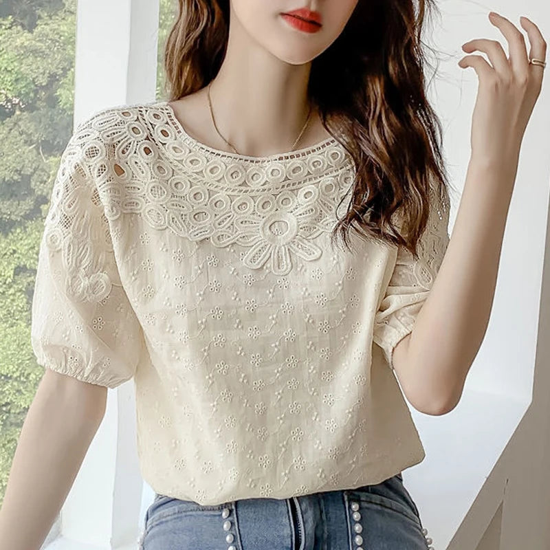 Women's Lace Hollow Embroidery White Elegant O Neck Cotton Blouse for Summer.