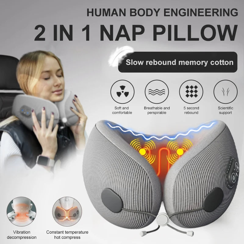 Portable U-Shaped Travel Pillows For Airplanes 3mode Heated Massage Memory Foam Ergonomic Neck Pillows For Pain Relief Sleeping