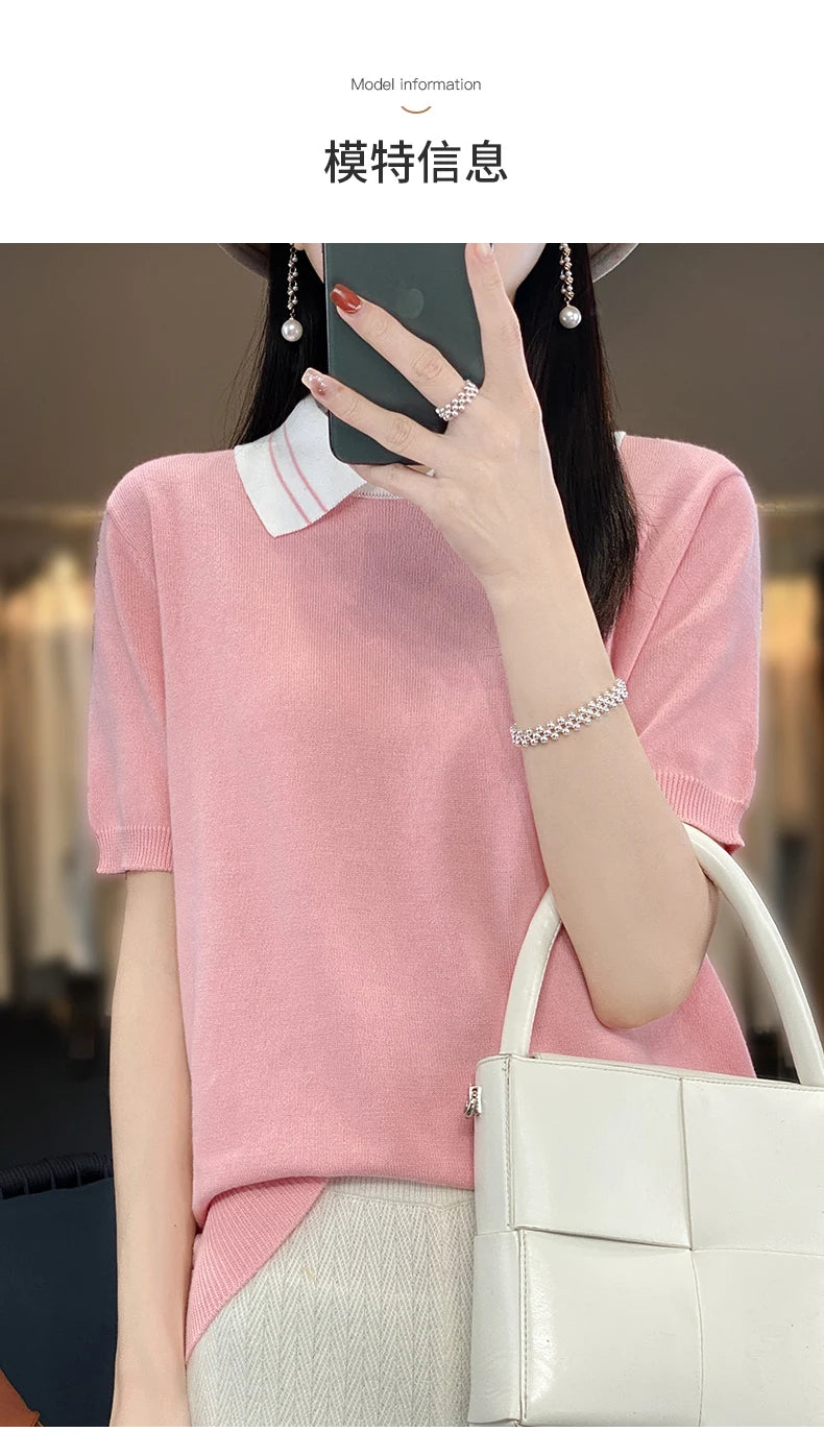 New 100% Pure Cotton Knit Casual Doll collar Pullover Short Women's T-shirt Summer sleeved POLO Neck Loose Fashion Top T-shirt