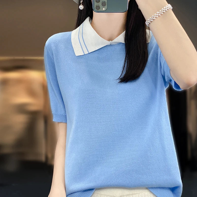 New 100% Pure Cotton Knit Casual Doll collar Pullover Short Women's T-shirt Summer sleeved POLO Neck Loose Fashion Top T-shirt