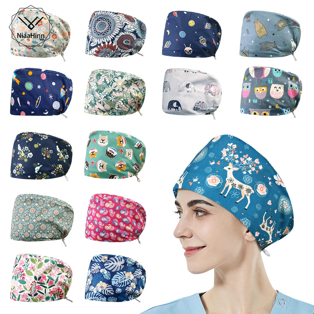 NiaaHinn Cotton Scrub Cap Pet Grooming Work Hat with Elastic Buckle Printing Frosted Laboratory Work Accessories Unisex Nursing Cap